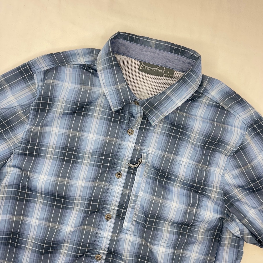 Free Country Shirt Mens Large Blue Plaid Short Sleeve Fishing Outdoors
